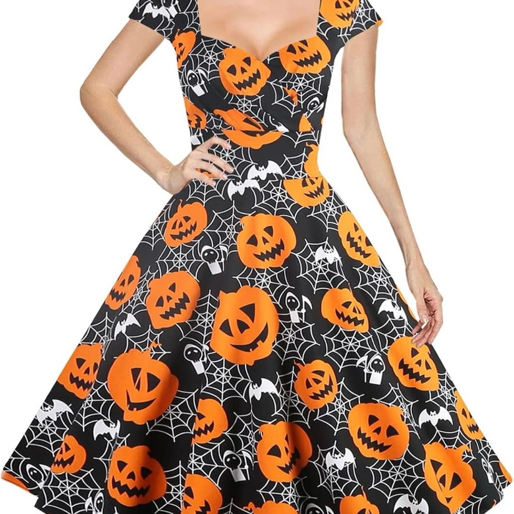 Retro Style Cap Sleeve Halloween Pumpkin Print Dress Size Large